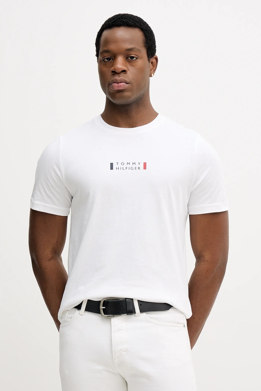 Levně Bavlněné tričko Tommy Hilfiger pánské, bílá barva, s potiskem, MW0MW41453