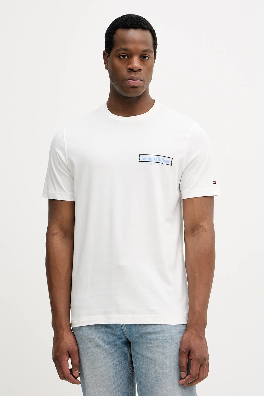 Levně Bavlněné tričko Tommy Hilfiger pánské, bílá barva, s potiskem, MW0MW41465