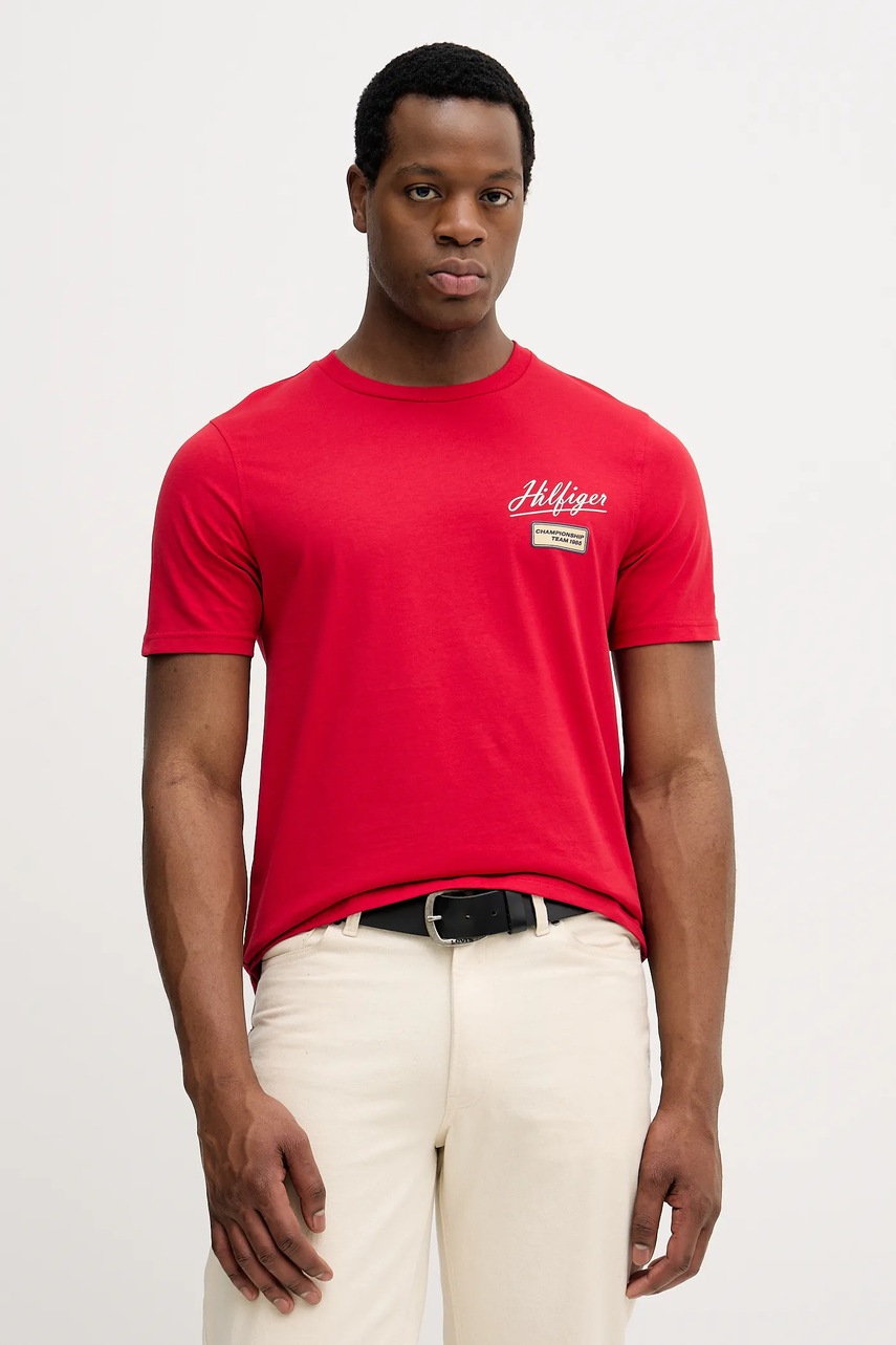 Levně Bavlněné tričko Tommy Hilfiger pánské, červená barva, s potiskem, MW0MW41471