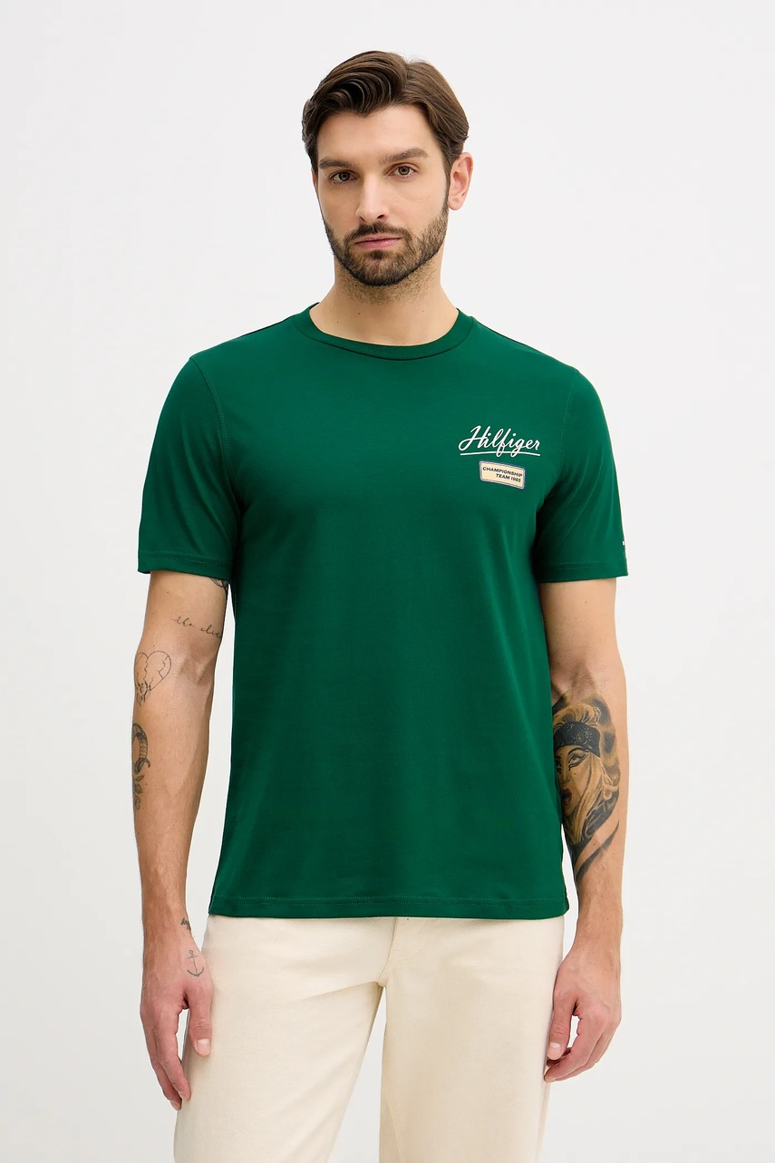 Levně Bavlněné tričko Tommy Hilfiger pánské, zelená barva, s potiskem, MW0MW41471