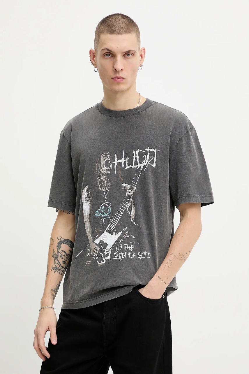 Hugo Blue tricou din bumbac culoarea gri, cu imprimeu, 50554368