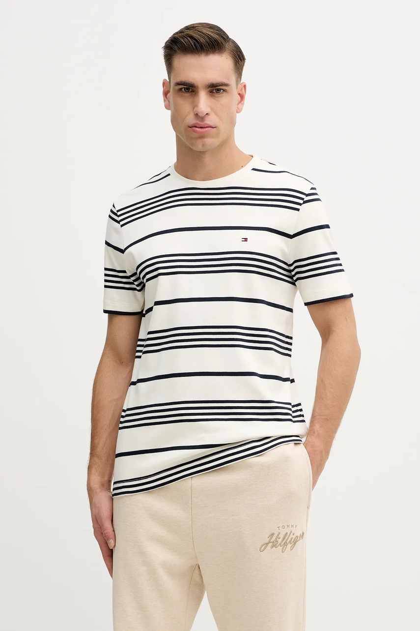 Levně Bavlněné tričko Tommy Hilfiger pánské, béžová barva, MW0MW41908