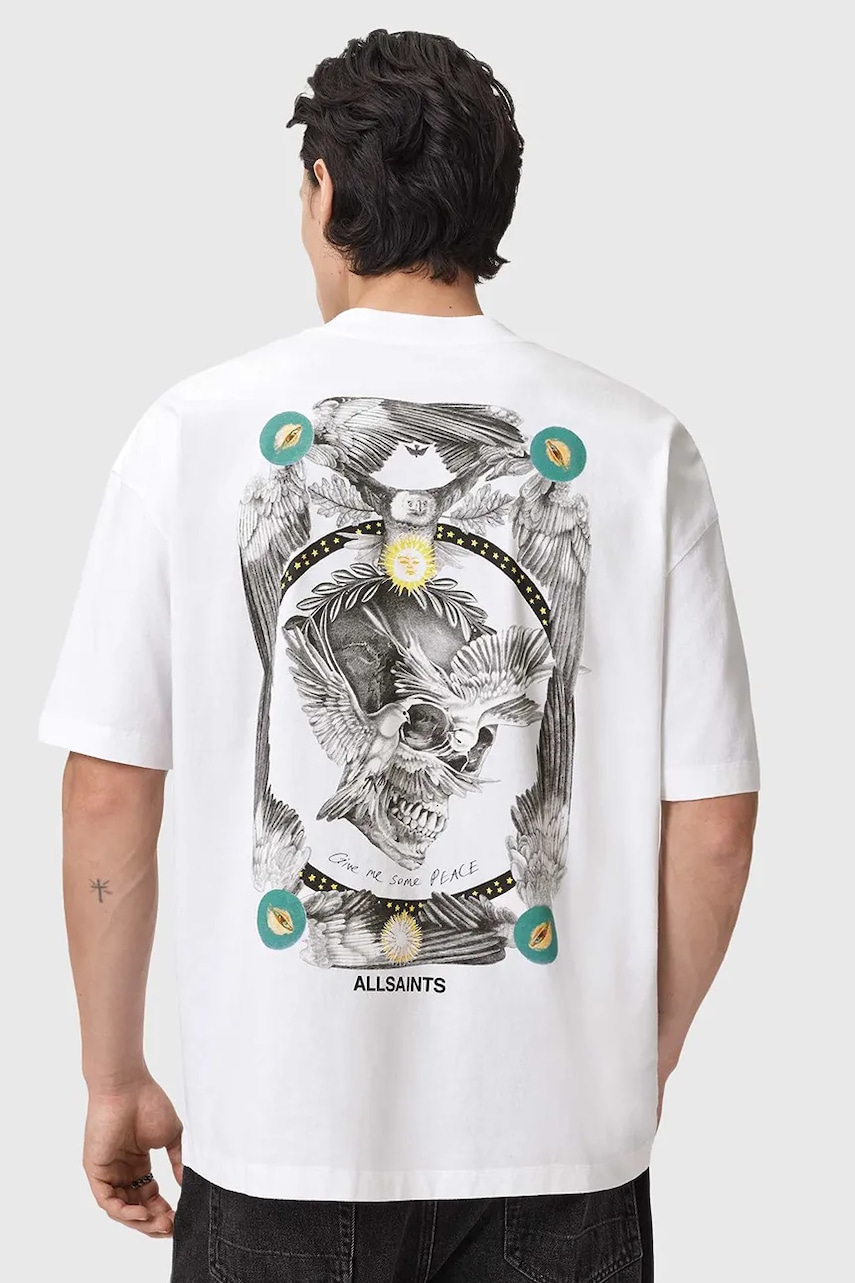 AllSaints tricou din bumbac culoarea alb, cu imprimeu, M028PD