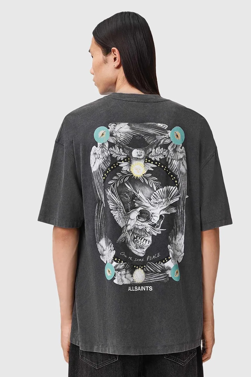 AllSaints tricou din bumbac culoarea gri, cu imprimeu, M028PD