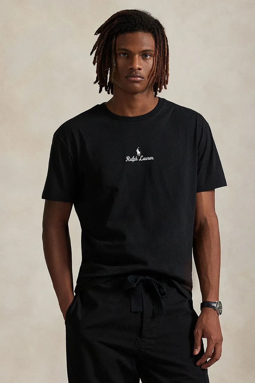 Levně Bavlněné tričko Polo Ralph Lauren pánské, černá barva, s aplikací, 710981370