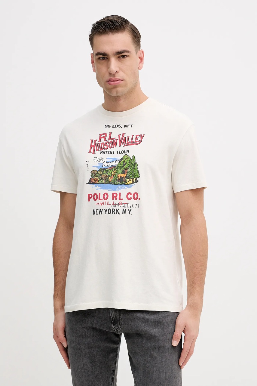 Levně Bavlněné tričko Polo Ralph Lauren pánské, béžová barva, s potiskem, 710P04979