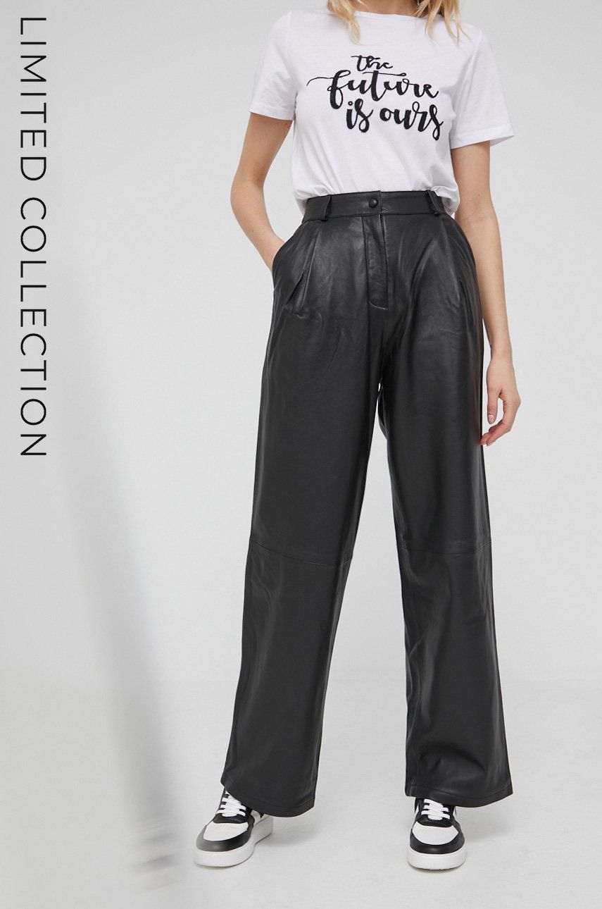 Pantaloni de piele Answear Lab X Colecție limitată No Shame No Fear femei, culoarea negru, lat, high waist Answear Lab