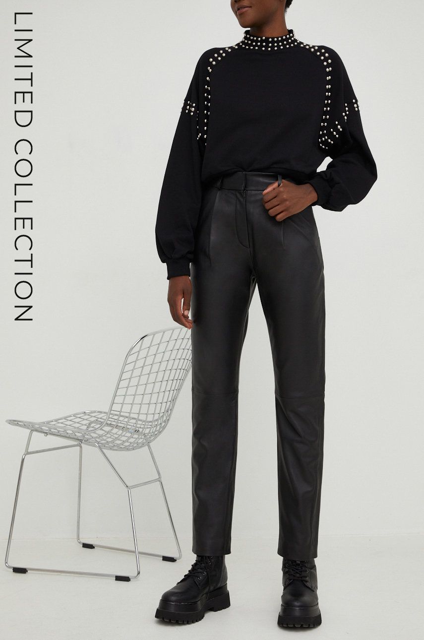 Answear Lab pantaloni de piele femei, culoarea negru, drept, high waist
