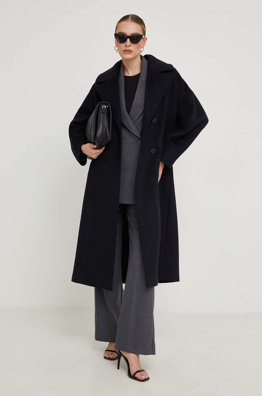Vlněný kabát Answear Lab tmavomodrá barva, přechodný, oversize - černá - Hlavní materiál: 50 % Polye