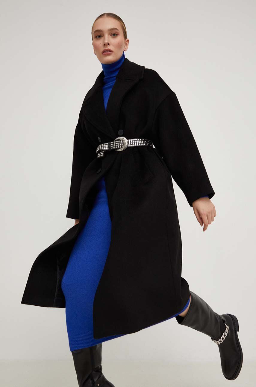 Vlněný kabát Answear Lab černá barva, přechodný, oversize - černá - 50 % Polyester