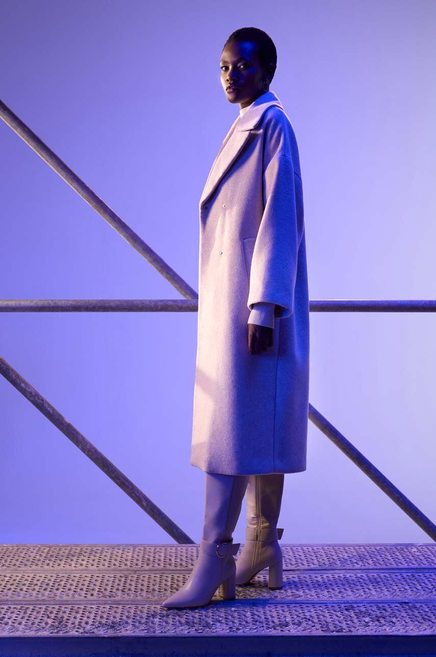 Vlněný kabát Answear Lab béžová barva, přechodný, oversize - béžová - 50 % Polyester