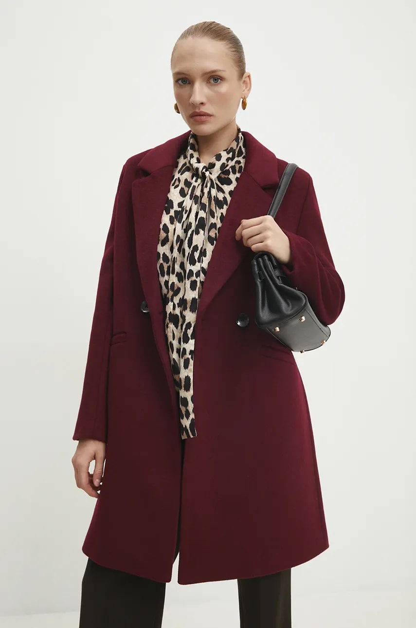 Answear Lab palton de lana culoarea bordo, de tranzitie, cu doua randuri de nasturi