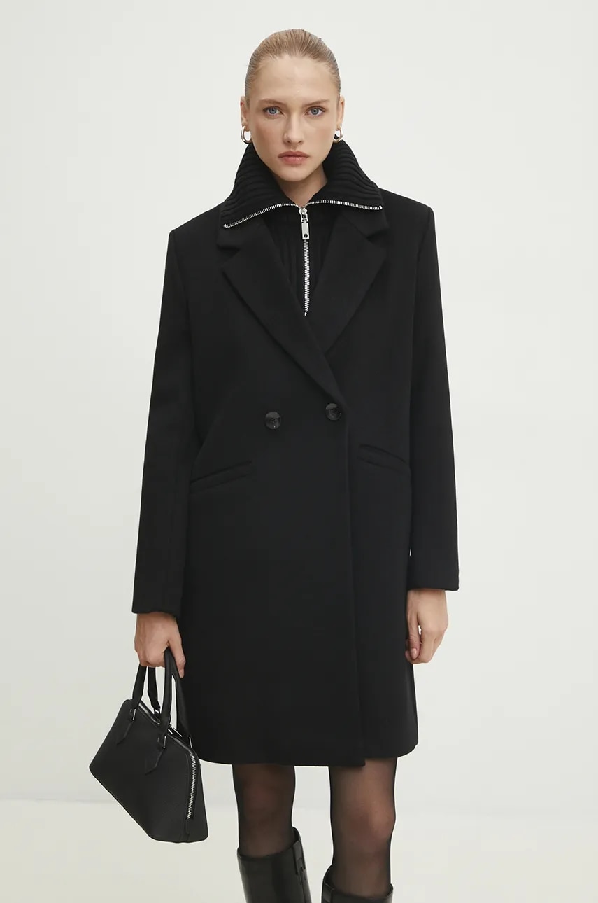 Answear Lab palton de lana culoarea negru, de tranzitie, cu doua randuri de nasturi Answear Lab palton de lana culoarea negru, de tranzitie, cu doua randuri de nasturi