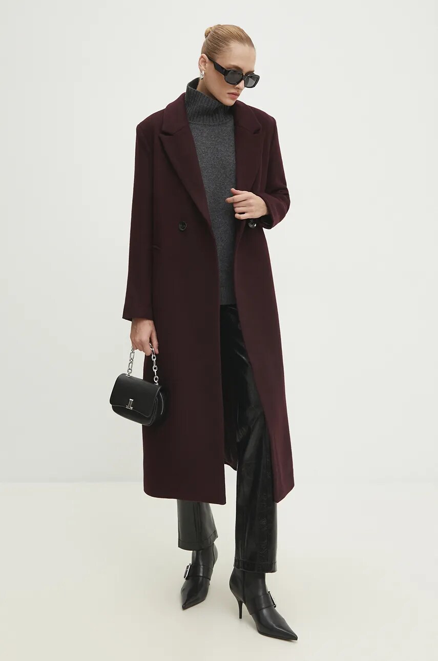 Answear Lab palton de lana culoarea bordo, de tranzitie, cu doua randuri de nasturi