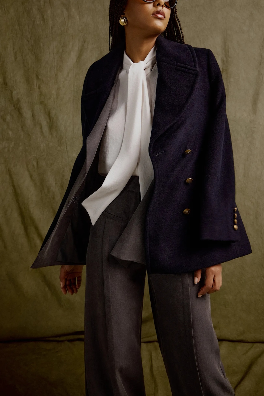 Answear Lab płaszcz wełniany kolor granatowy przejściowy dwurzędowy