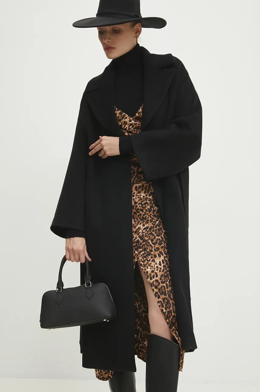 Answear Lab palton de lana culoarea negru, de tranzitie, cu doua randuri de nasturi Answear Lab palton de lana culoarea negru, de tranzitie, cu doua randuri de nasturi