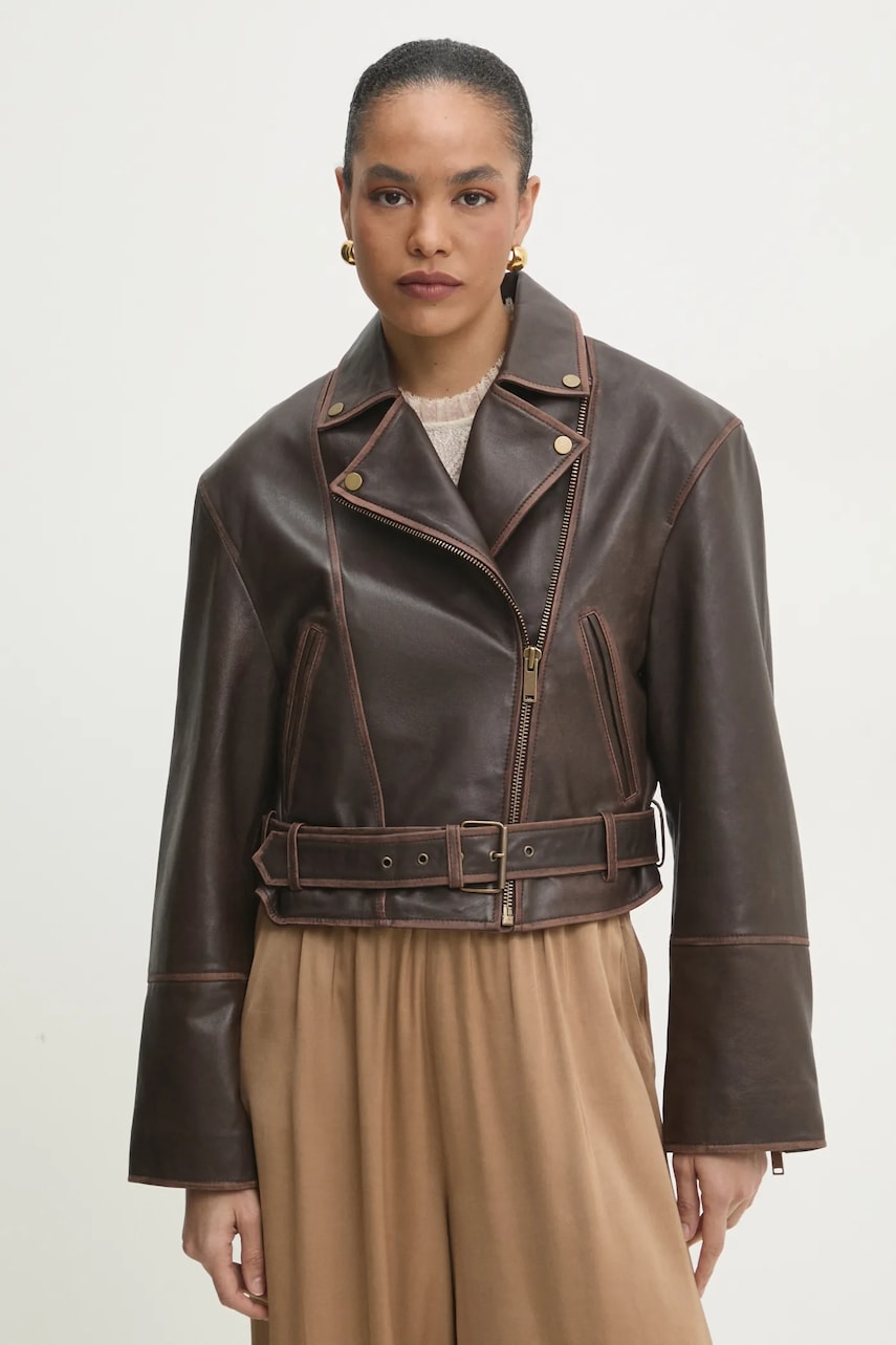 Answear Lab geaca ramones de piele femei, culoarea maro, de tranzitie, oversize Answear Lab geaca ramones de piele femei, culoarea maro, de tranzitie, oversize