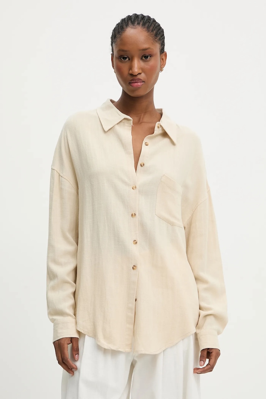 Answear.LAB cămașă de in culoarea maro, cu guler clasic, relaxed