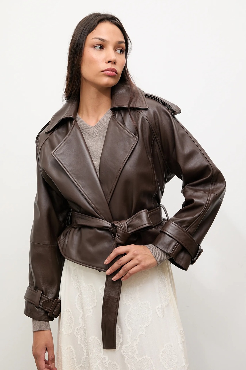 Answear.LAB geaca de piele culoarea maro, de tranzitie, oversize