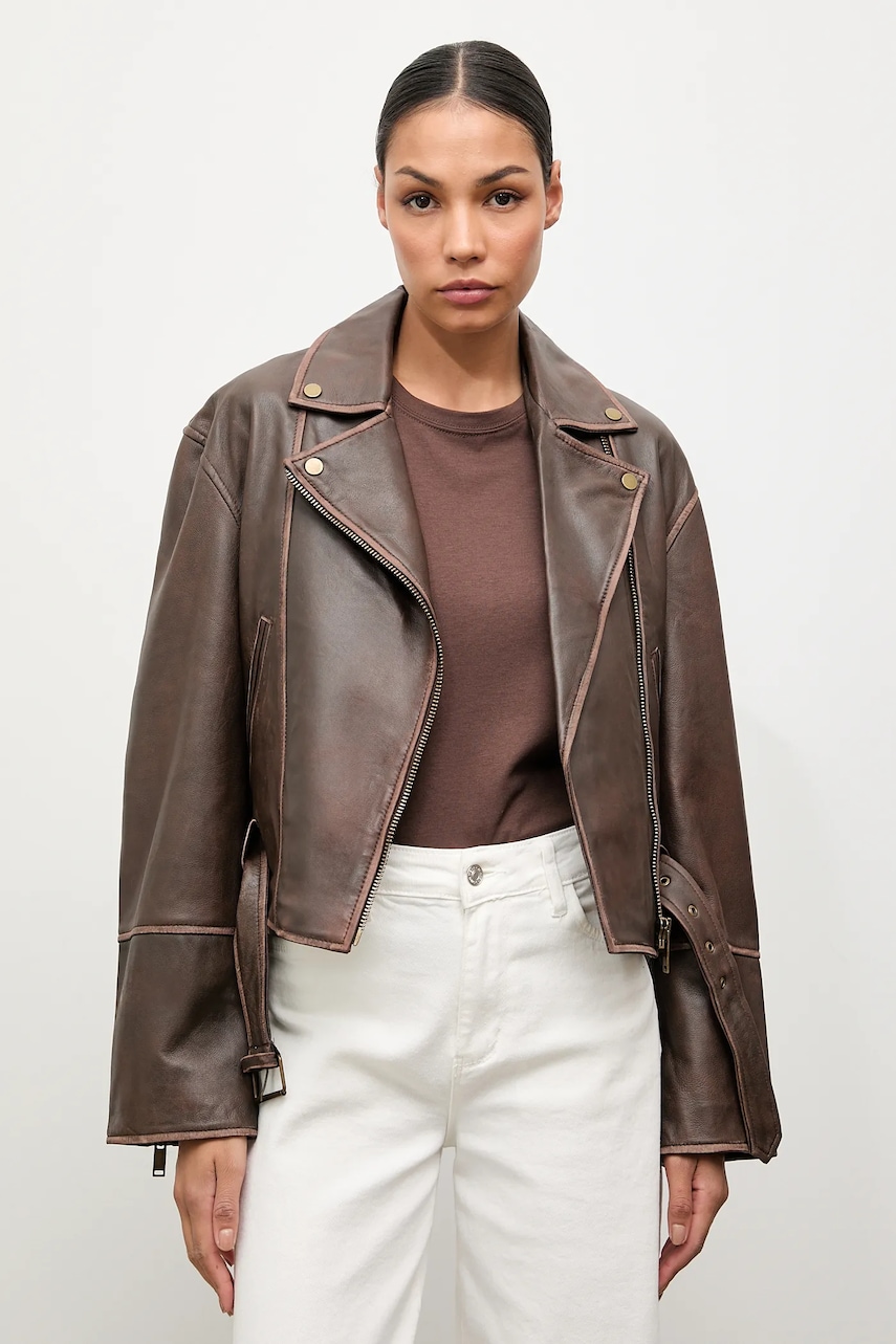Answear.LAB geaca ramones de piele culoarea maro, de tranzitie