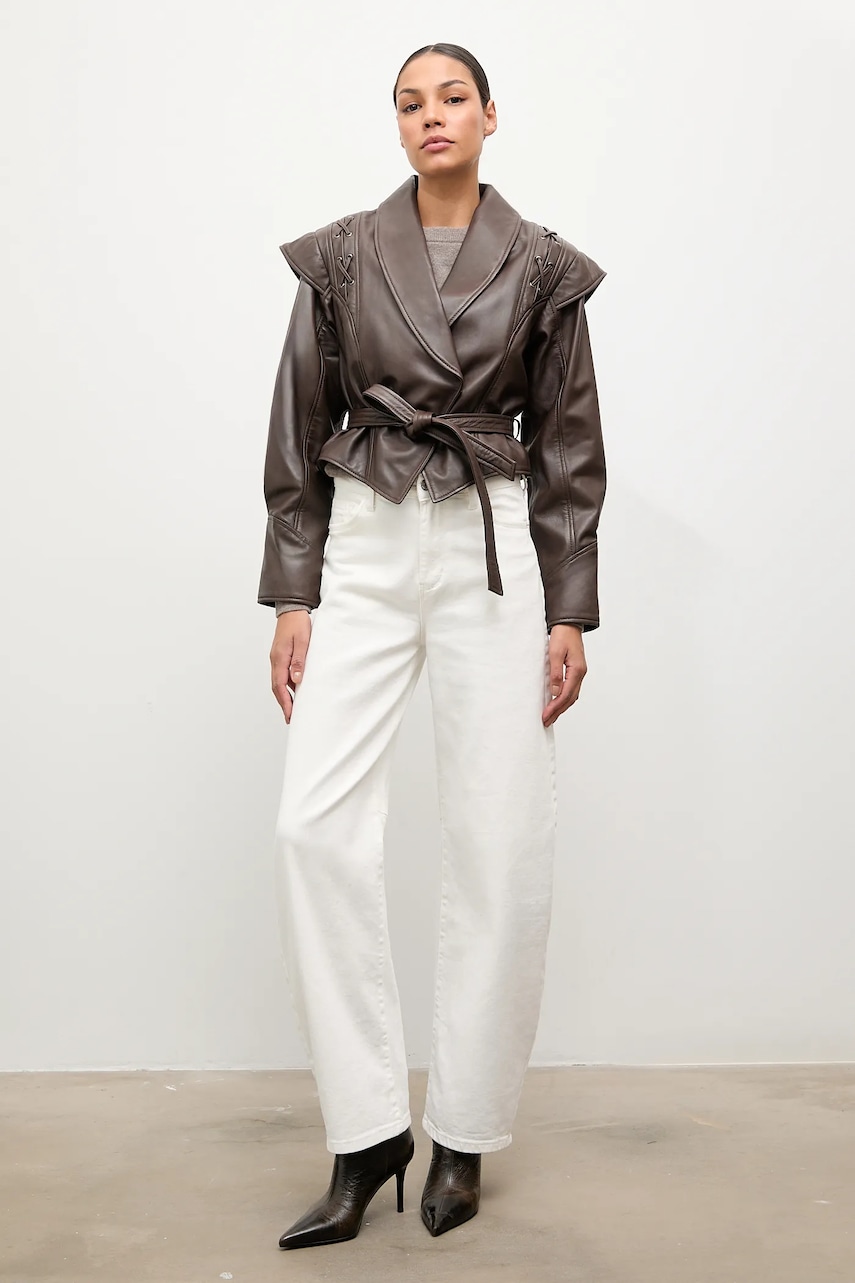 Answear.LAB geaca de piele culoarea maro, de tranzitie, oversize