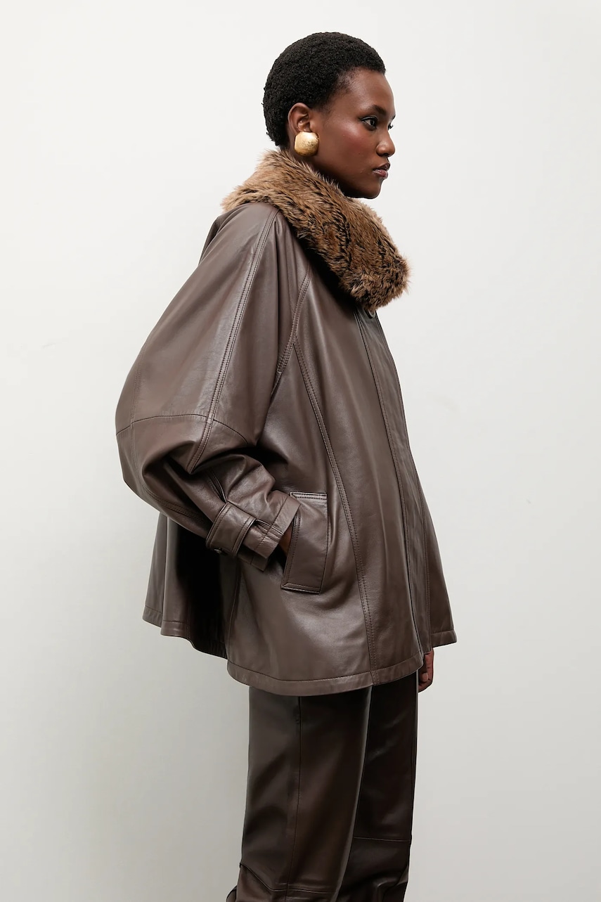 Answear.LAB geaca de piele culoarea maro, de tranzitie, oversize