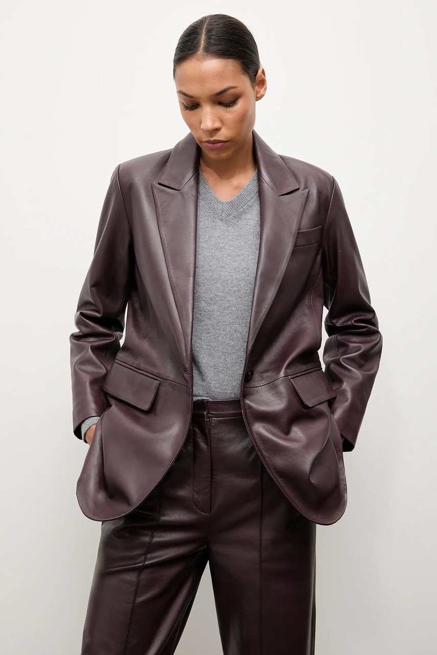 Answear.LAB sacou de piele culoarea bordo, un singur rand de nasturi, neted