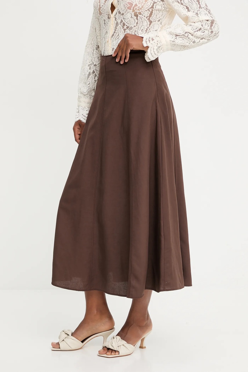 Юбка со льном Answear.LAB цвет коричневый midi расклешённая