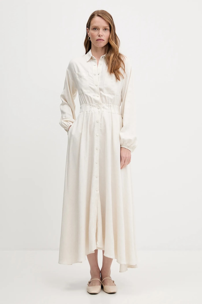 Льняное платье Answear.LAB цвет бежевый maxi расклешённая Льняное платье Answear.LAB цвет бежевый maxi расклешённая