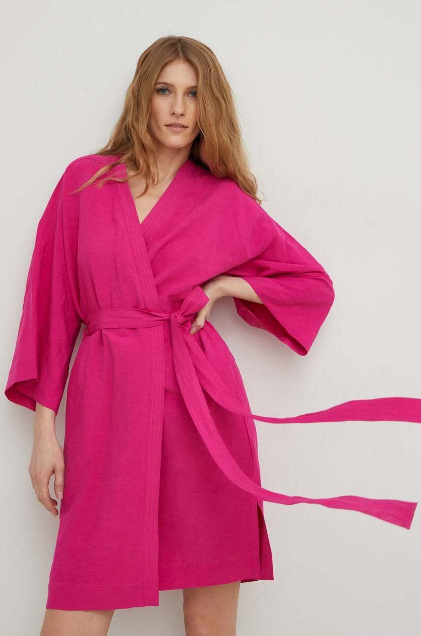 Lněné šaty Answear Lab X limitovaná kolekce SISTERHOOD růžová barva, mini, oversize - růžová - 