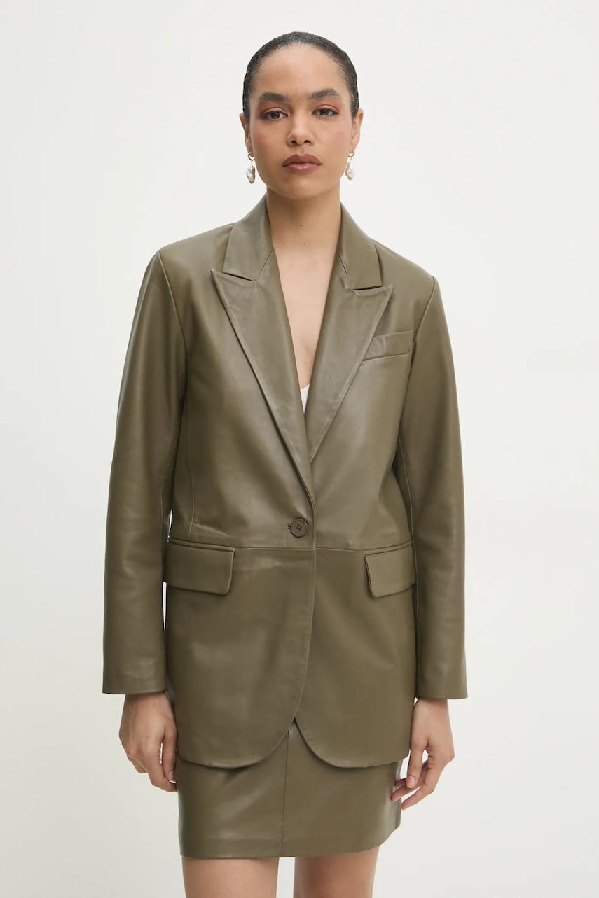 Answear Lab sacou de piele culoarea verde, un singur rand de nasturi, neted Answear Lab sacou de piele culoarea verde, un singur rand de nasturi, neted