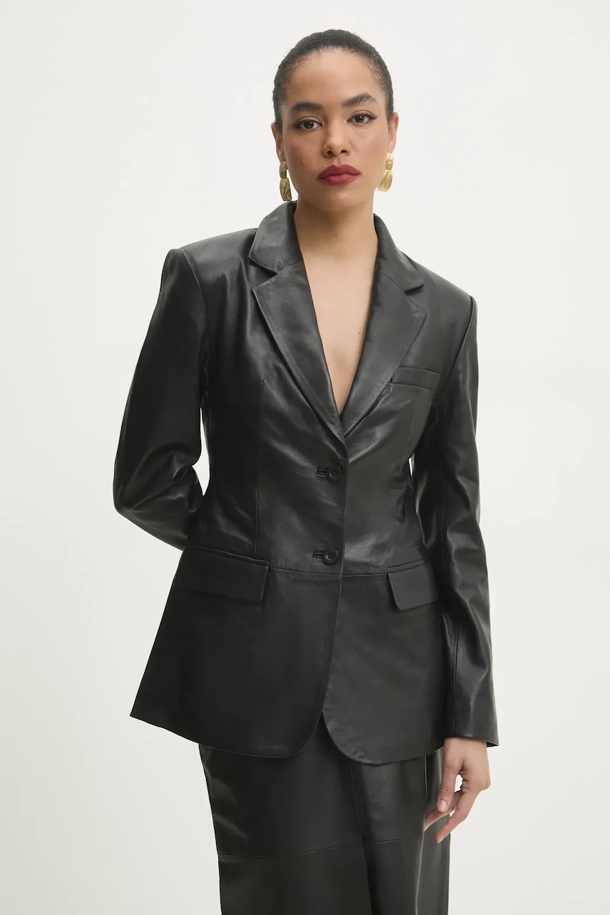 Answear Lab sacou de piele culoarea negru, un singur rand de nasturi, neted Answear Lab sacou de piele culoarea negru, un singur rand de nasturi, neted