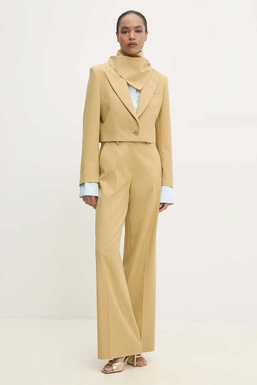 Answear Lab sacou cropped cu eșarfă culoarea galben, un singur rand de nasturi, neted Answear Lab sacou cropped cu eșarfă culoarea galben, un singur rand de nasturi, neted