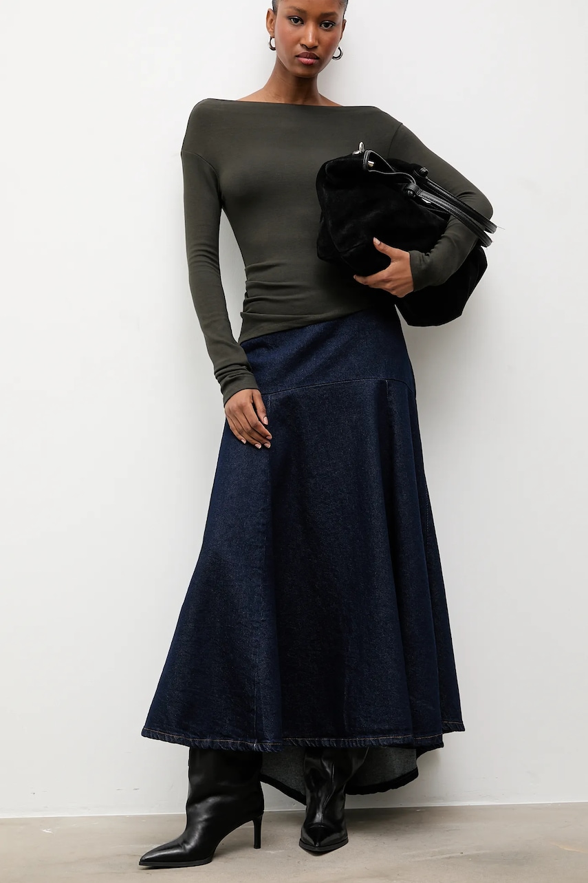 Answear.LAB fusta jeans culoarea albastru marin, maxi, evazati