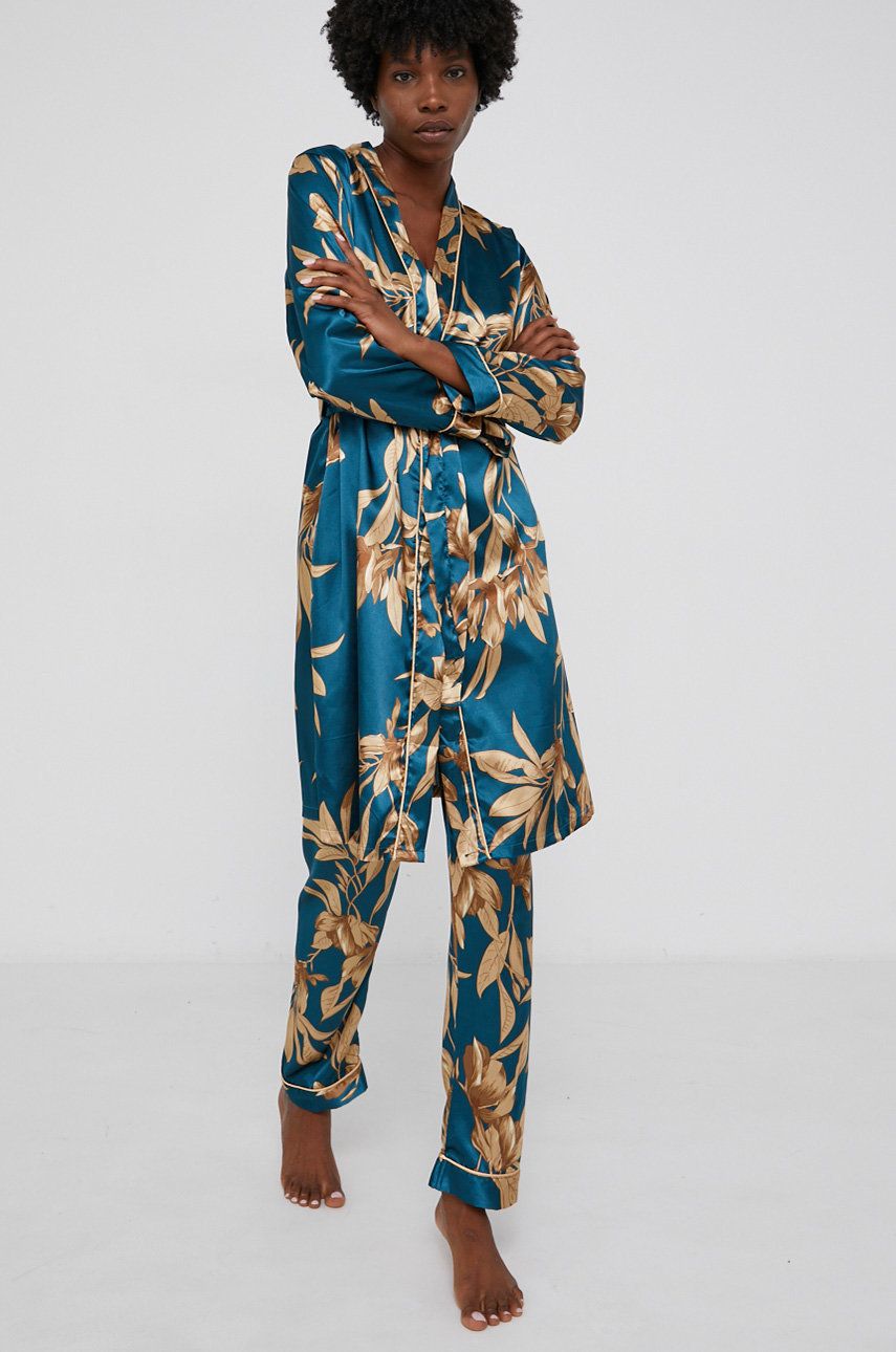 Answear Lab Set de pijamale din 3 piese culoarea turcoaz, satin Answear Lab imagine noua lenjerie-femei.ro