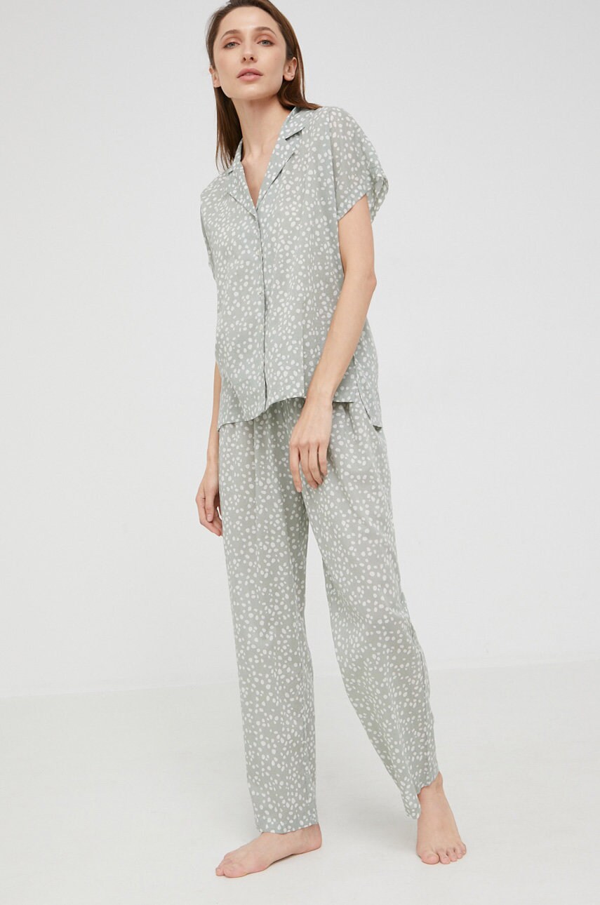 Answear lab pijama femei, culoarea verde, bumbac