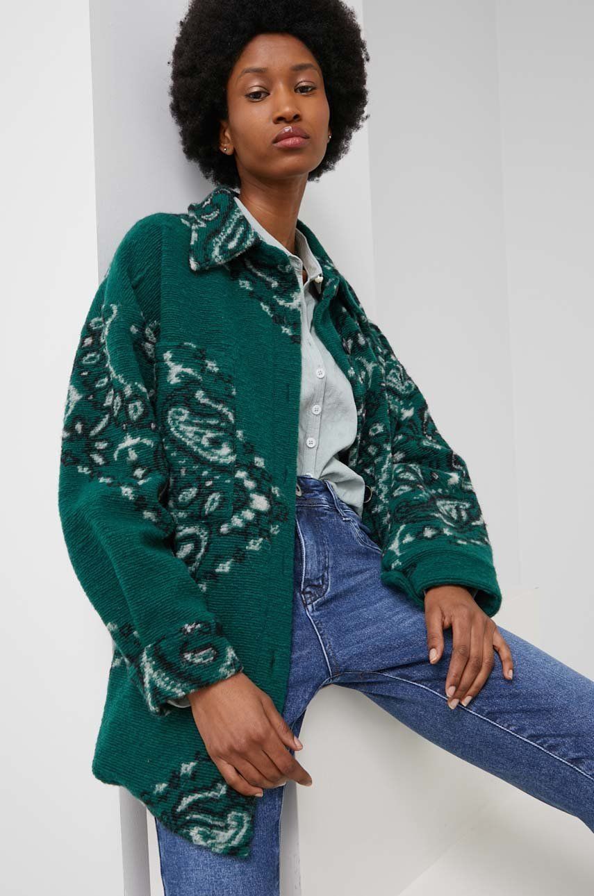 Answear Lab camasa de lana femei, culoarea verde, cu guler clasic, relaxed