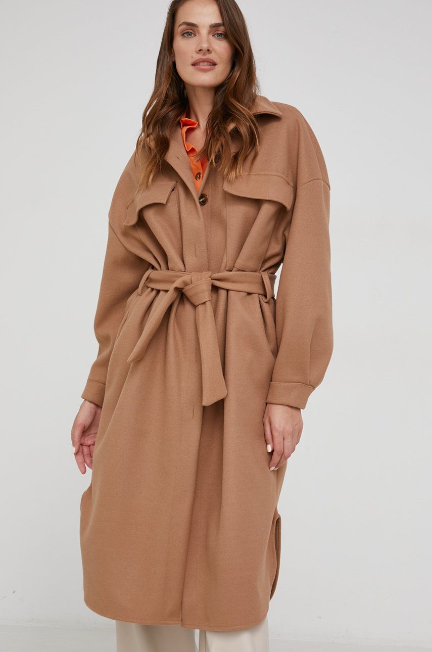 Answear Lab palton din lana culoarea maro, de tranzitie, oversize