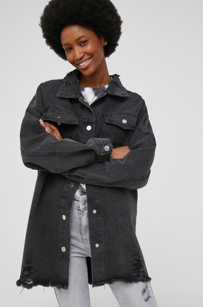 Answear Lab geaca jeans femei, culoarea negru, de tranzitie, oversize Answear Lab imagine noua 2022
