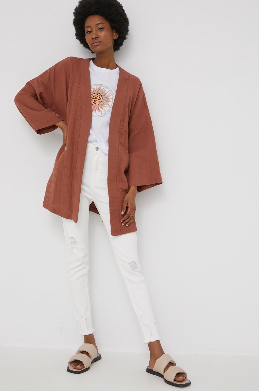 

Памучно кимоно Answear Lab в кафяво без закопчаване с изчистен дизайн, Кафяв