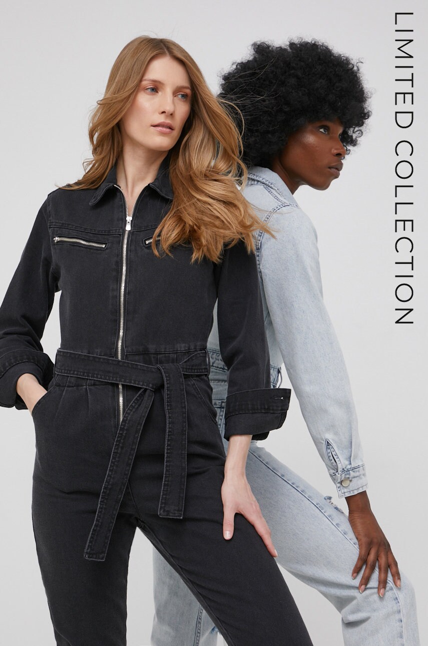 Answear lab x limited festival collection be brave salopeta jeans culoarea negru, bumbac, cu guler