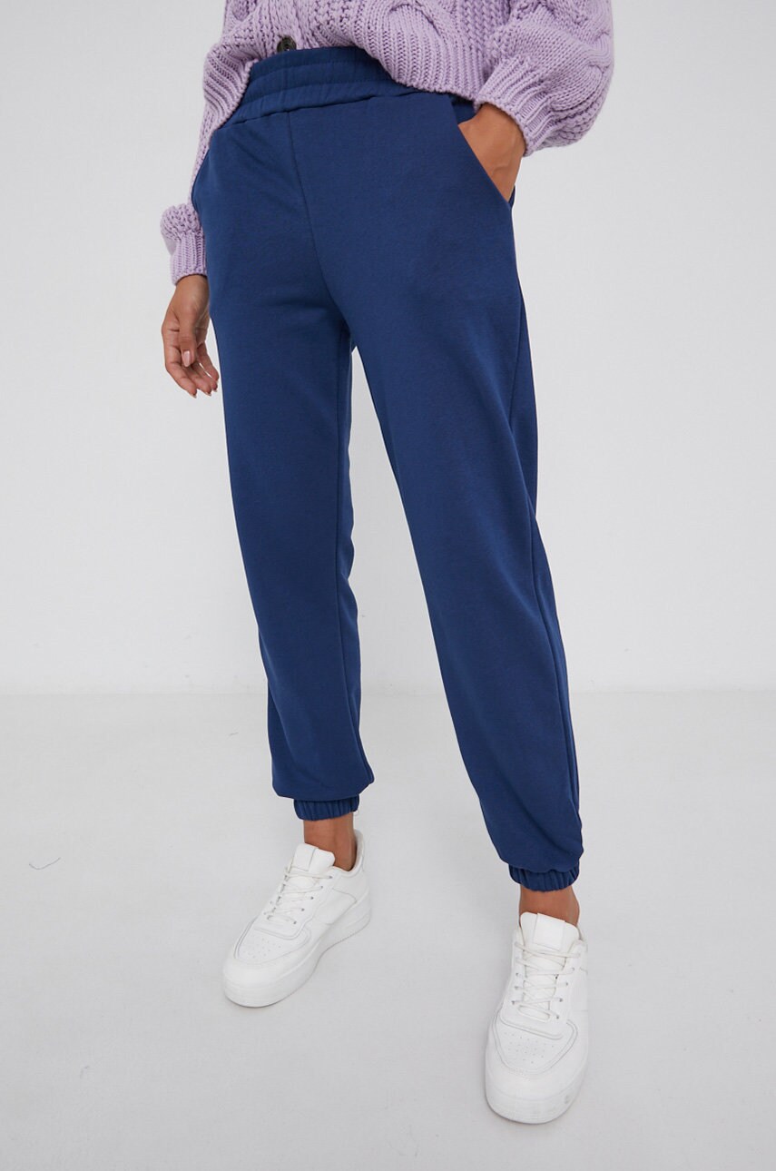 Answear lab pantaloni de bumbac femei, culoarea albastru marin, material neted