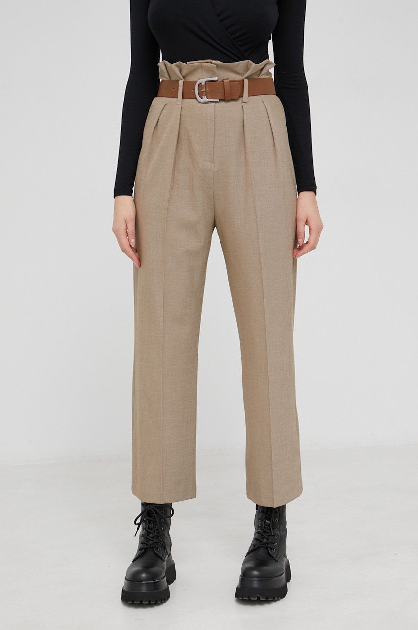 Answear Lab Pantaloni femei, culoarea bej, model drept, high waist