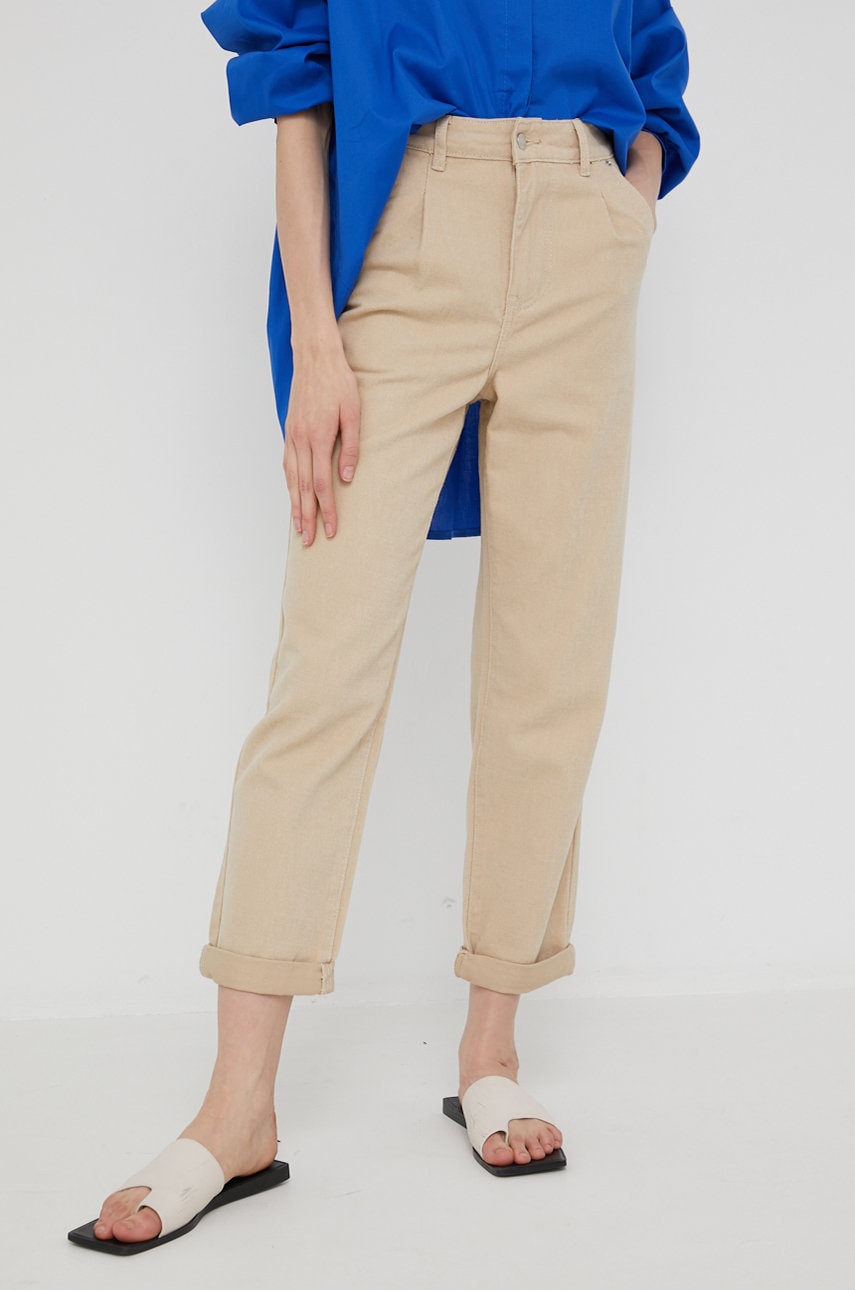 Answear Lab pantaloni femei, culoarea bej, lat, high waist