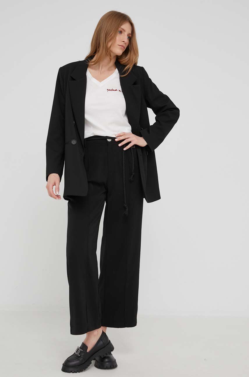 Kalhoty Answear dámské, černá barva, široké, high waist - černá -  50% Bavlna