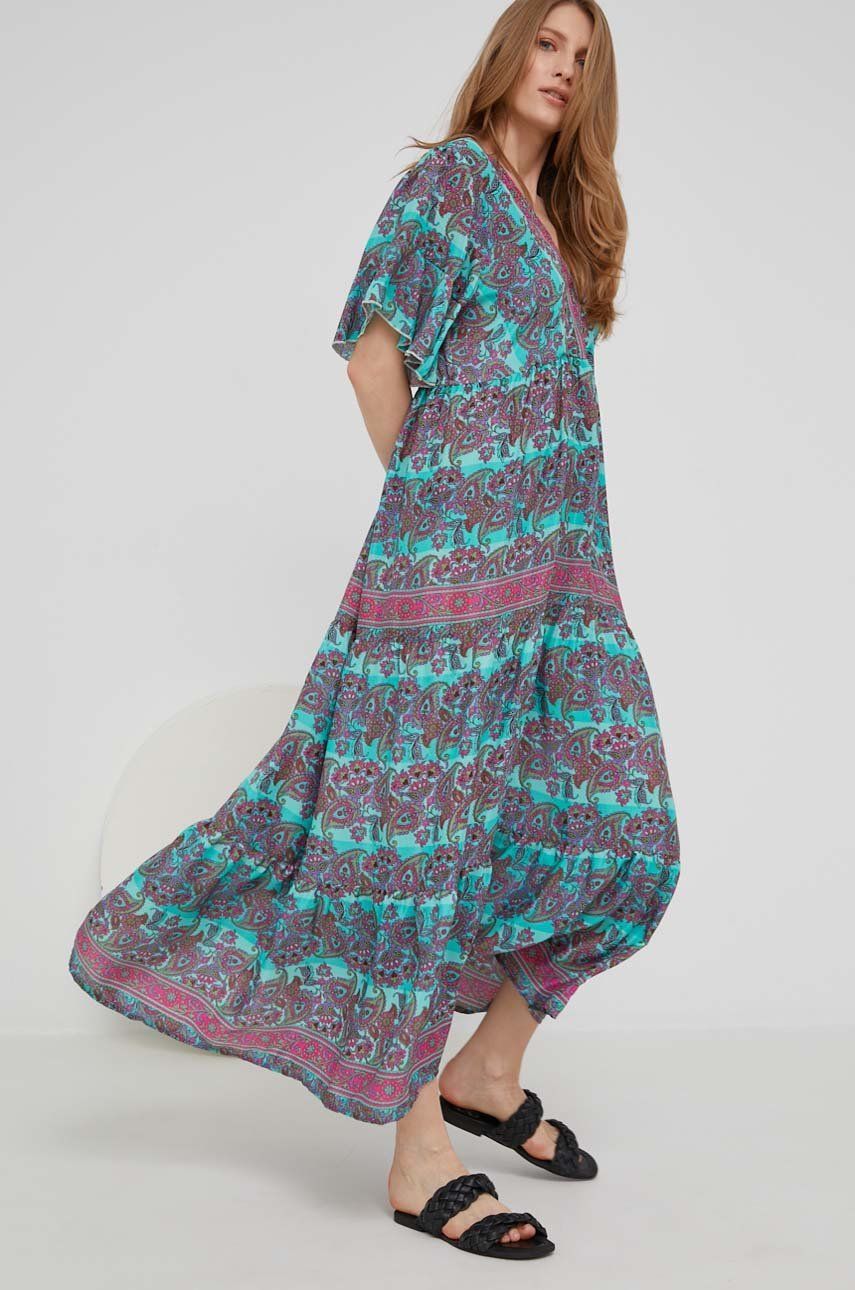 Answear Lab sukienka jedwabna kolor turkusowy maxi rozkloszowana