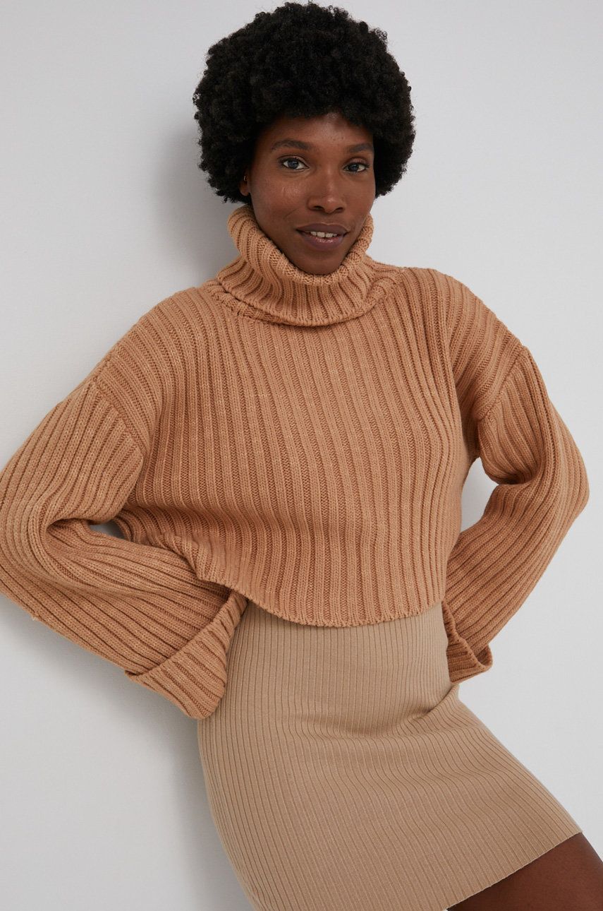 Answear Lab Sweter z domieszką wełny damski kolor beżowy z golfem