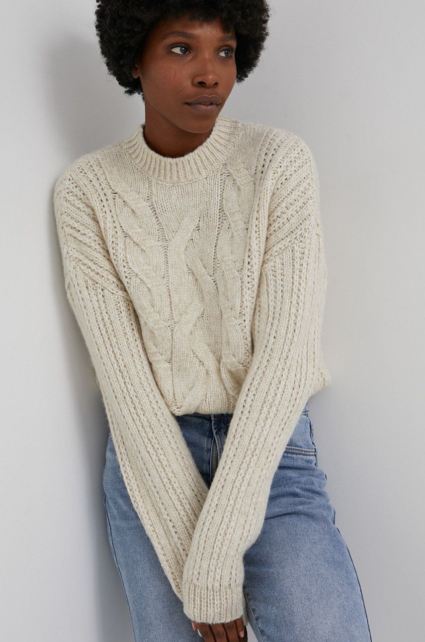 Answear Lab Sweter z domieszką wełny damski kolor kremowy ciepły