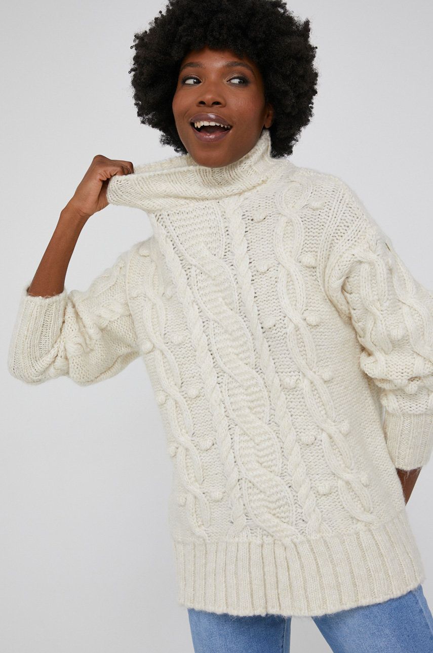Answear Lab Pulover de lana femei culoarea crem cu turtleneck