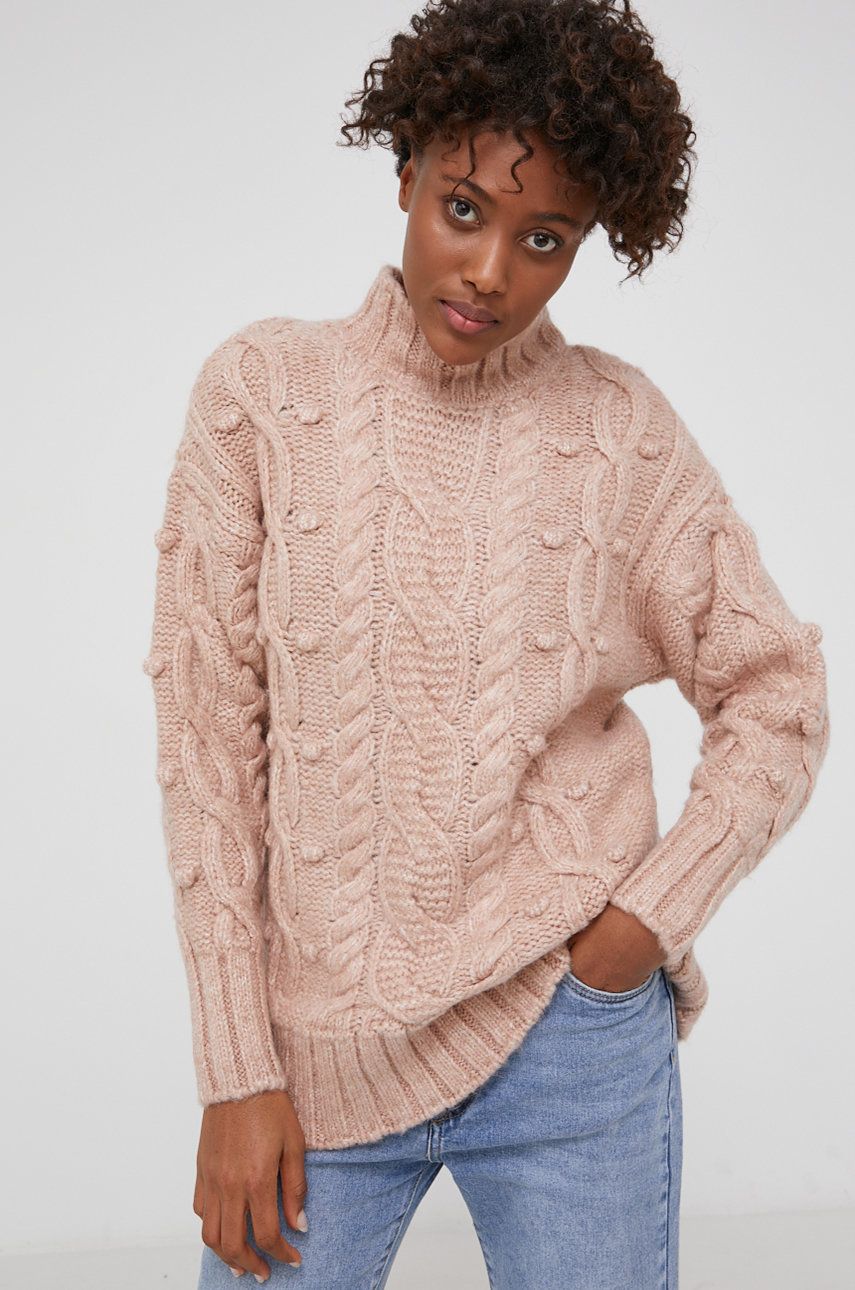 Answear Lab Sweter z wełną damski kolor różowy ciepły z półgolfem